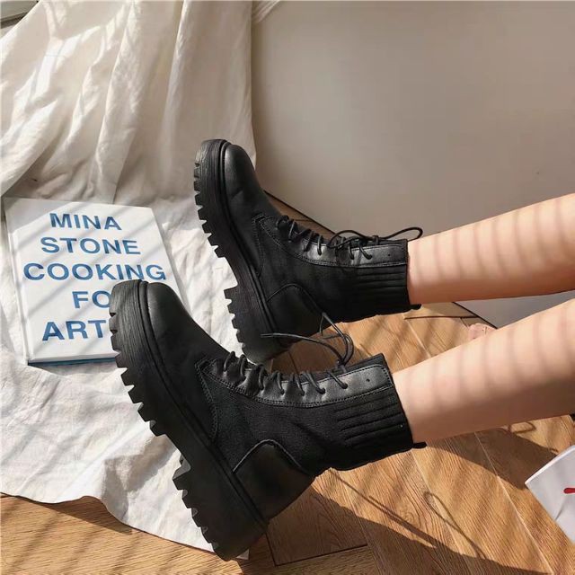 Giày bốt nữ cao cổ Ulzzang da mềm cổ chun ôm chân đế cao 3cm phong cách Hàn quốc phối đồ xinh cá tính đơn giản