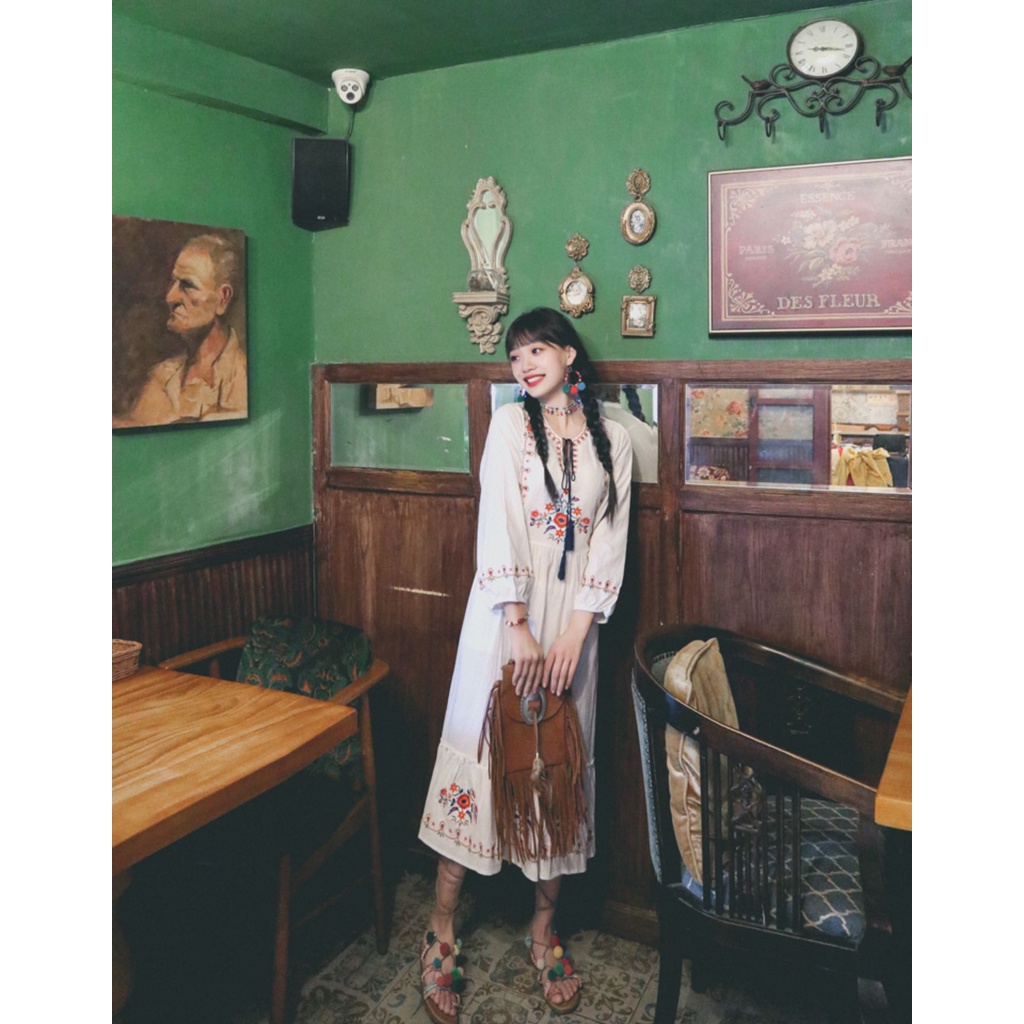 Váy boho thêu hoa dáng maxi dài