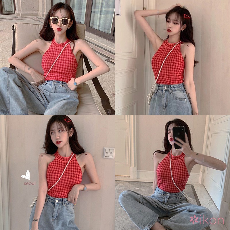 Áo Hai Dây Cổ Yếm Dáng Ôm Sọc Ca Rô Thời Trang Xinh Xắn Cho Nữ
