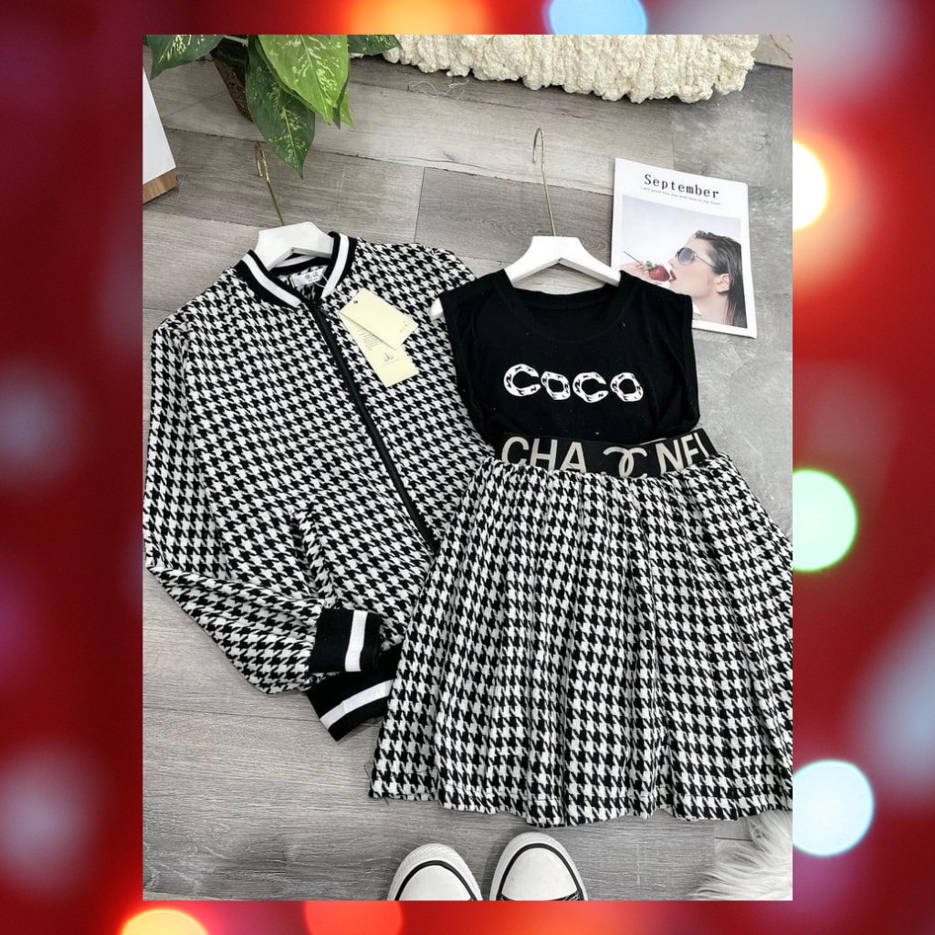 set chân váy xếp ly 2 lớp vải dạ, áo khoác dạ, áo thun 3 món siêu sinh. | BigBuy360 - bigbuy360.vn