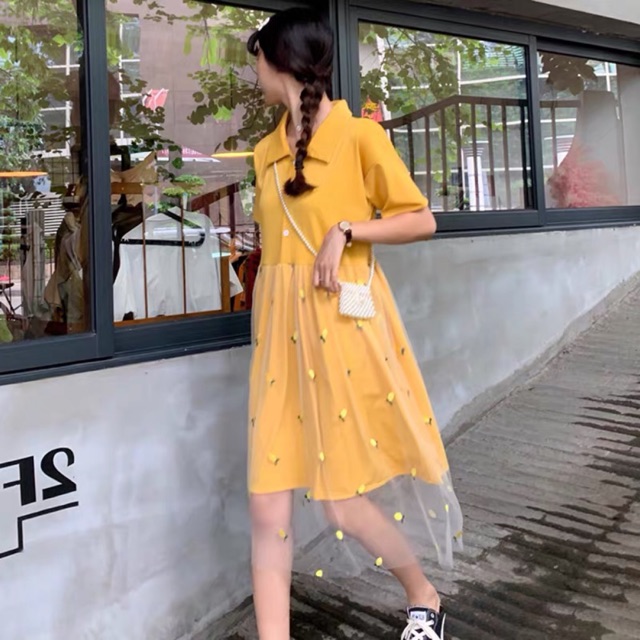 (Order) M-4XL Đầm cổ polo phối voan xoè hoạ tiết dứa