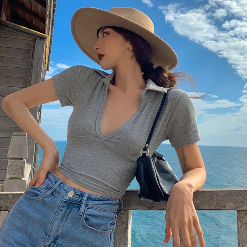Áo thun dệt kim tay ngắn cổ chữ v dáng ôm màu trơn thời trang quyến rũ dành cho nữ