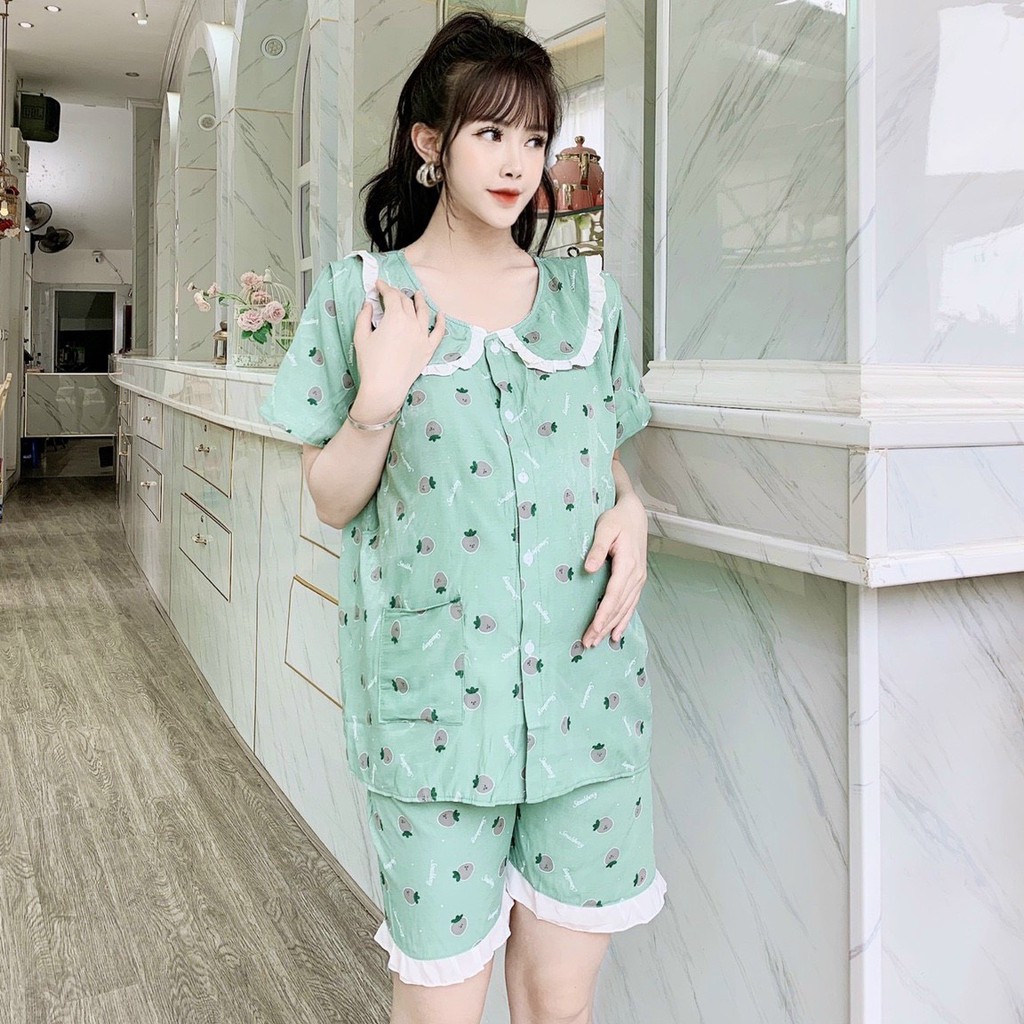 Đồ bộ bầu ĐÙI_VIỀN REN CỔ BÈO có vén ngực cho bé ti chất đũi mềm mát free size dưới 68kg BĐ829