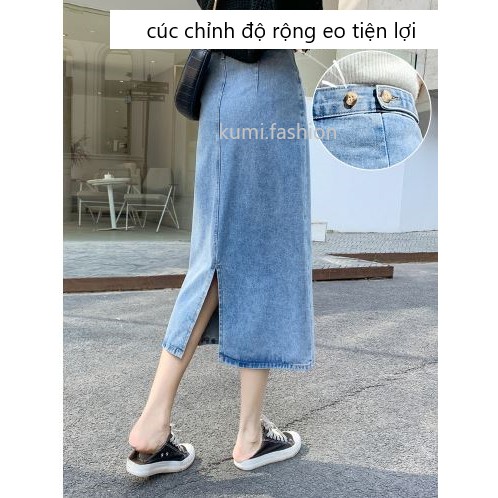 Kumi.vn chân váy dài denim bò cạp cao xẻ sau có cúc chỉnh eo màu xanh nhạt ulzzang Hàn Quốc | BigBuy360 - bigbuy360.vn