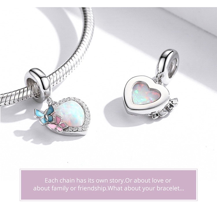 Hạt trang sức Bamoer SCC2101 bạc 925 hình trái tim bướm đính đá opal thời trang tự làm vòng tay