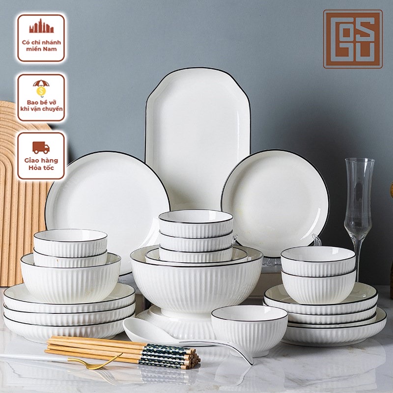 BỘ BÁT ĐĨA SỨ GOSU MÀU TRẮNG VIỀN ĐEN CHẤT LIỆU GỐM SỨ CAO CẤP SÁNG MỊN ĐẸP