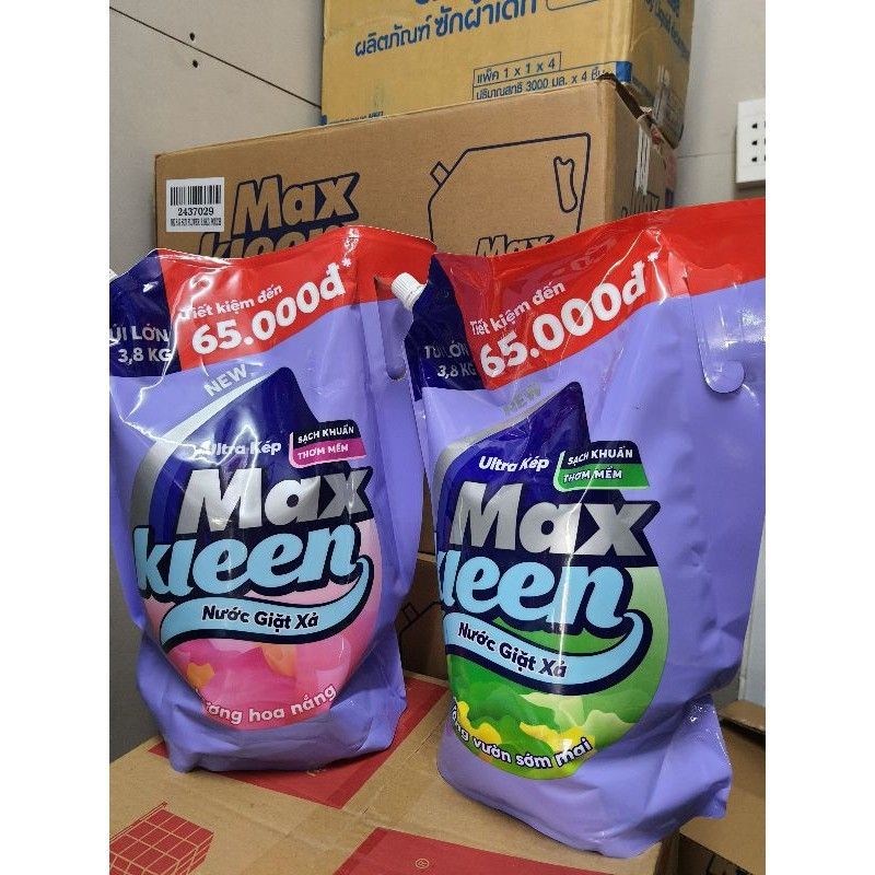 Nước giặt xả Max Kleen chai 2,4kg(tặng túi 600g)& túi lớn 3,8kg tiết kiệm 65k