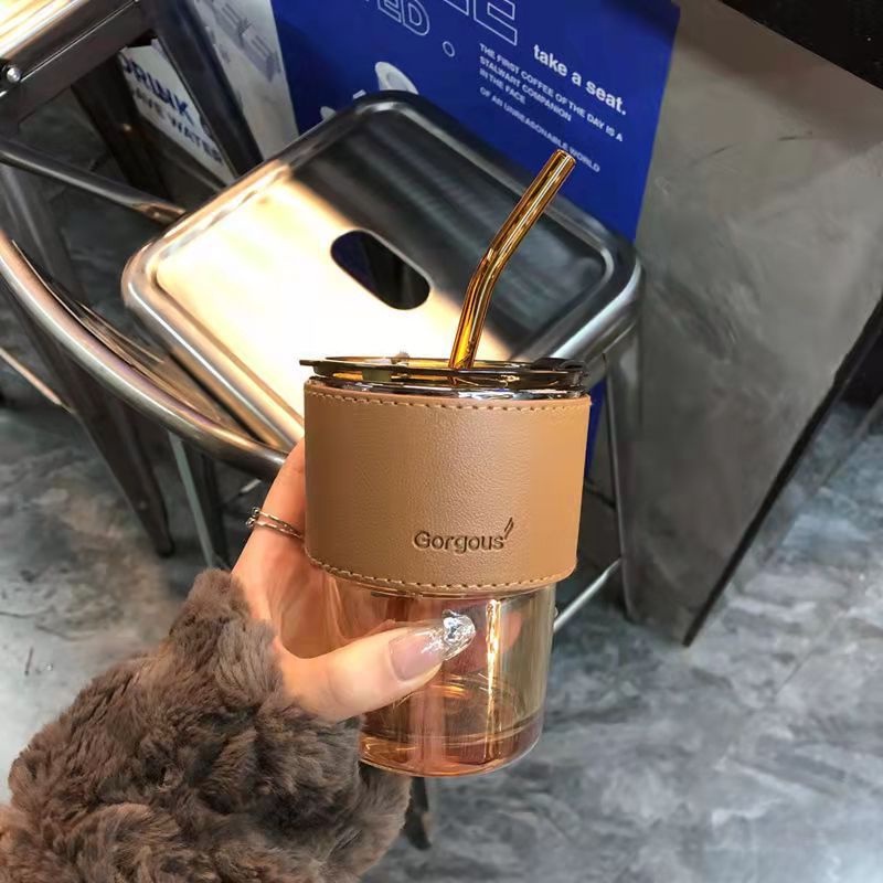 Ly thủy tinh, cốc uống nước cách nhiệt 450ml kèm bao da và ống hút sang trọng