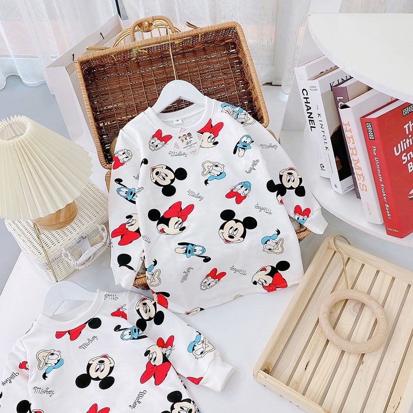 Váy Dài Tay Thu Đông Nỉ Da Cá In Hình Mickey Vịt Dễ Thương Cho Bé Từ 8-21kg Mã V16