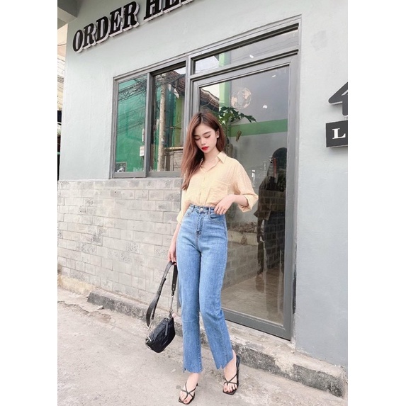 Quần jeans basic ống đứng cắt gấu chân chất dãn phom đỉnh