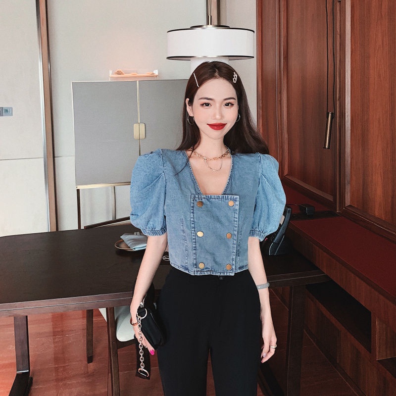 [New Hot】2021New Fashion Puff Sleeve Top Women's Summer Denim Short NavelbmDesign Shirt Short Sleeveins-【6Month10Day After】