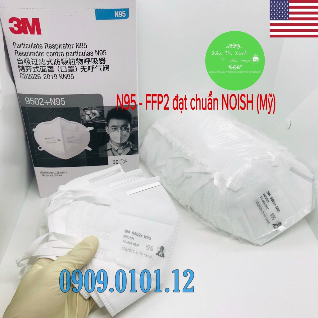 Khẩu trang 3m 9502+ chính hãng set 10 cái đạt chuẩn FFP2 NIOSH Mỹ, khẩu trang kn95 cao cấp dây đeo qua đầu