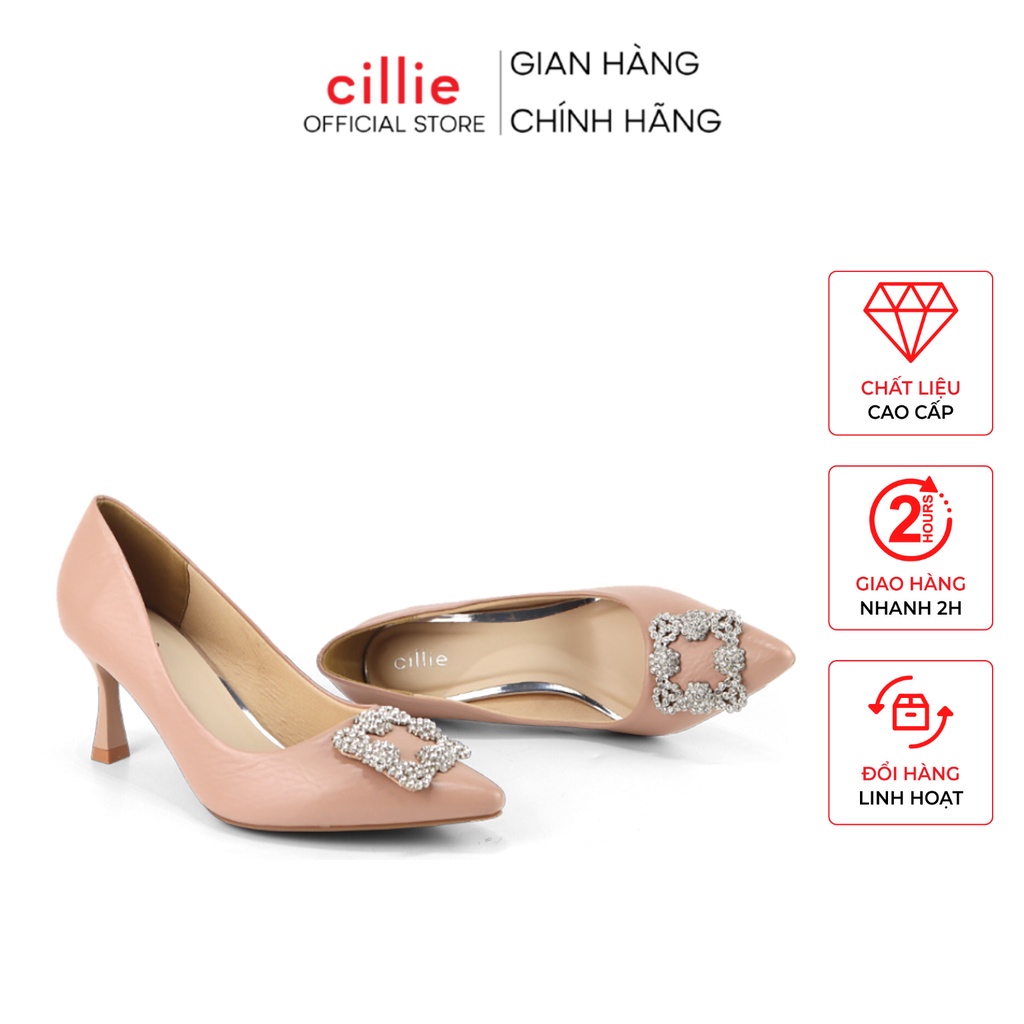 Giày cao gót nữ thời trang mũi nhọn thanh lịch gót cao 7cm phối khóa độc đáo mang công sở đi làm êm chân Cillie 1154
