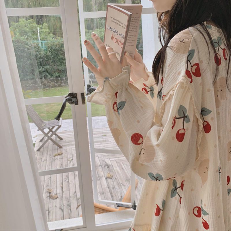 Bộ ngủ cute hình cherry cổ phối ren tay bo, pyjama dễ thương