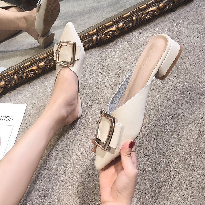 ◐㍿✳Half slippers female 2021 New pointed leather sandals for summer wear fashionable cowhide thick heel mid-heel Baotou single shoes