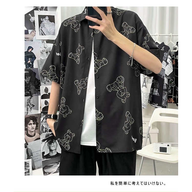 Áo sơ mi nam nữ đều mặc được kiểu tay lỡ form rộng Unisex in hình vẽ nét TeddyBear chibi siêu hot