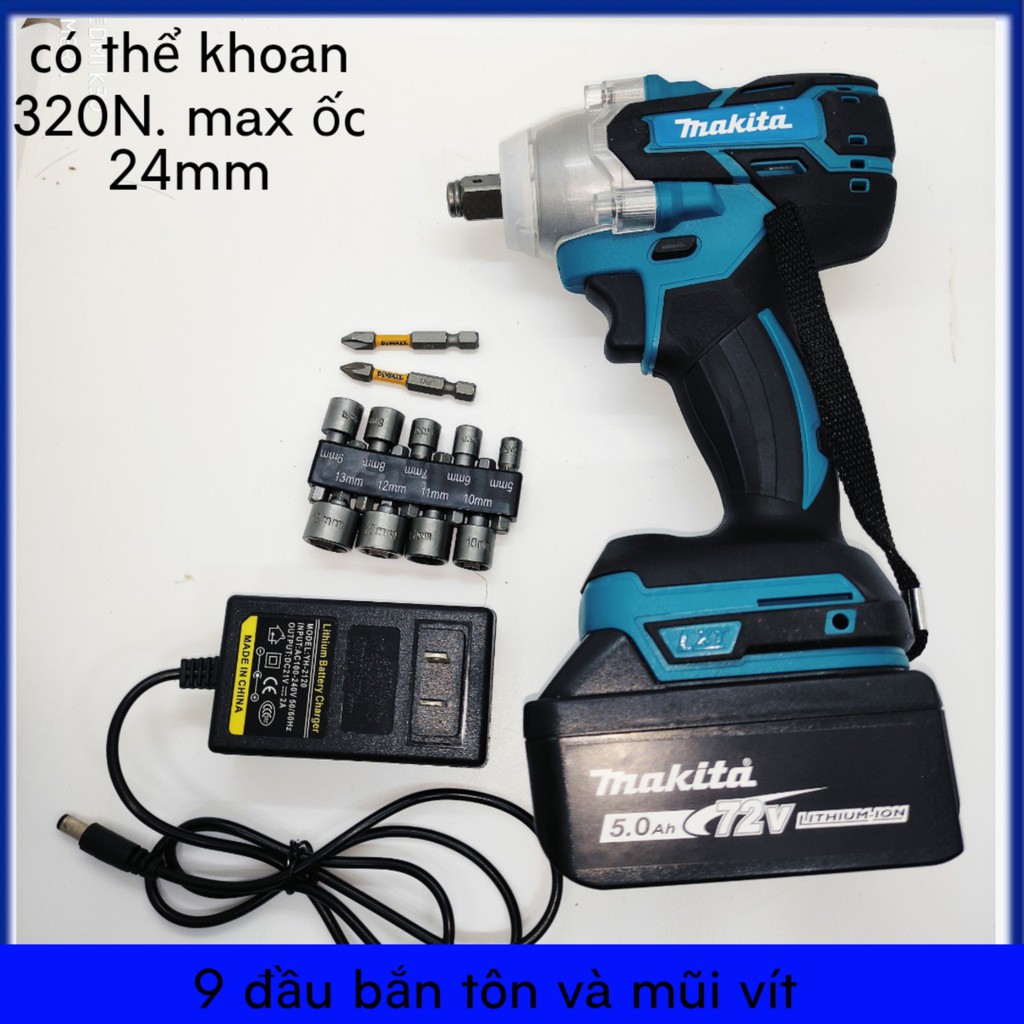 Máy Bắn Bu Long Pin Makita 72V, Lực Siết 320N, Không Chổi Than,Siết Ốc Tối Đa 24mm,Đầu 2 Trong 1