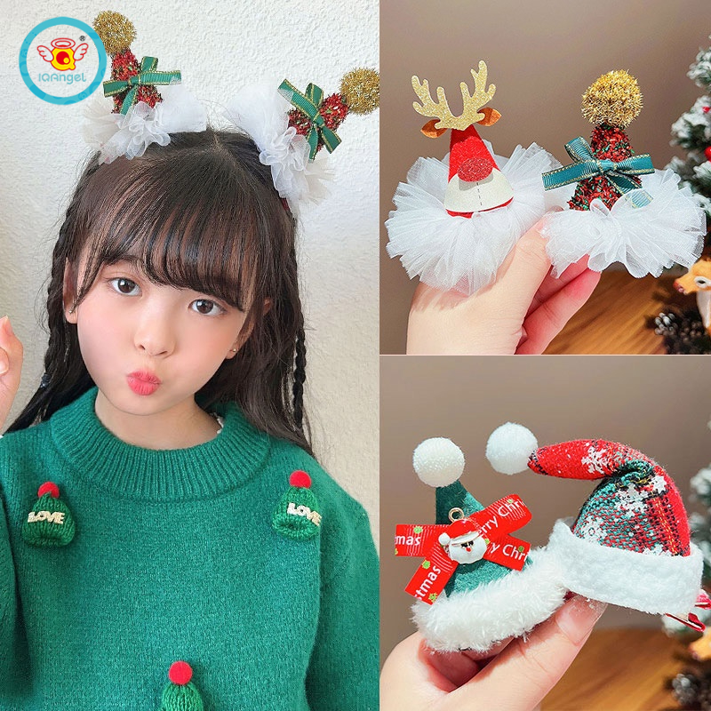 Kẹp tóc IQ Angel đính nơ kẻ sọc họa tiết giáng sinh ba chiều dễ thương cho bé