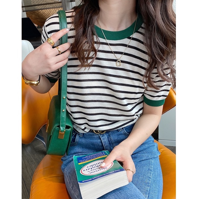 QADCOL  Áo Thun Dệt Kim Ngắn Tay Họa Tiết Kẻ Sọc Phong Cách Hàn Quốc Cho Nữ