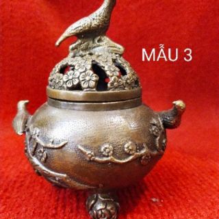 Đỉnh lư xông trầm họa tiết hoa đào nắp chim.
