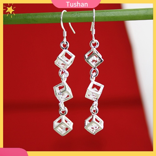 Khuyên tai nữ mạ bạc dáng dài đính khối lập phương xinh xắn