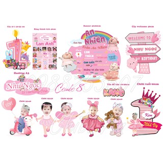 ComboA- In hình chibi cho bé, bảng tên, banner, cây welcome, bảng thành tích bày bàn tiệc - Phụ kiện trang trí sinh nhật