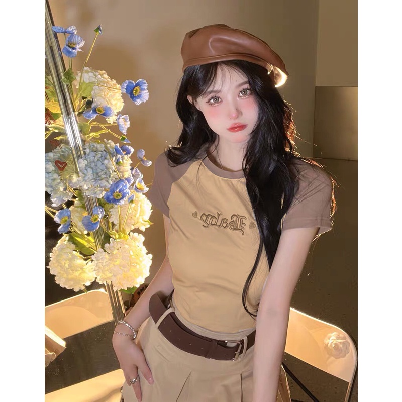 Áo croptop raglan nữ thêu BABY Tay Ngắn,Croptop Nữ Ôm Body
