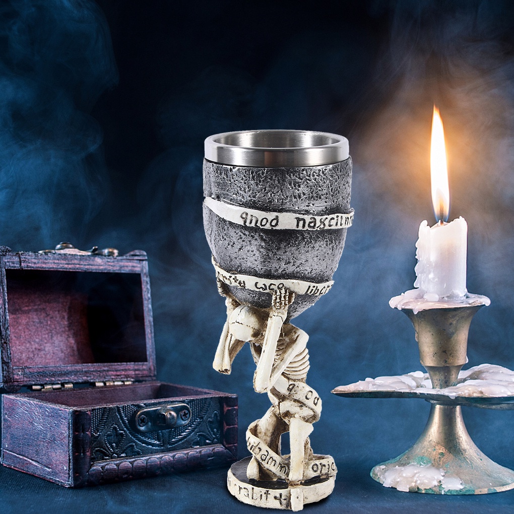 [House]Skull Wine Goblet Gothic Gifts Chalice Halloween Resin Stainless Steel Liner Goblets Bars Medieval Drinkware