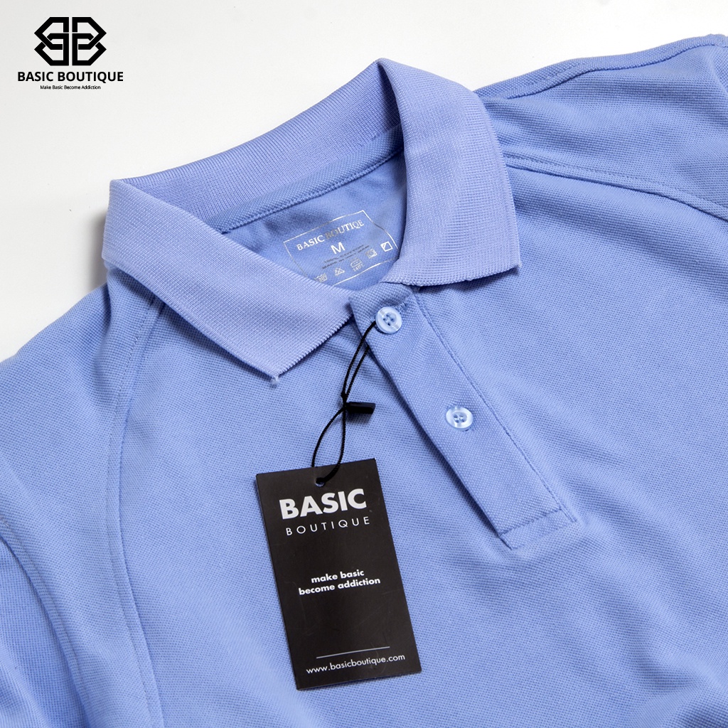 Áo polo áo cổ trụ màu xanh dương phối gân dọc lịch sự tôn màu da dễ phối đồ | BigBuy360 - bigbuy360.vn