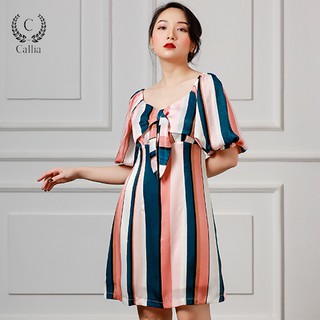 Đầm chít eo nữ Callia Yuko tay phồng.(Sọc hồng)