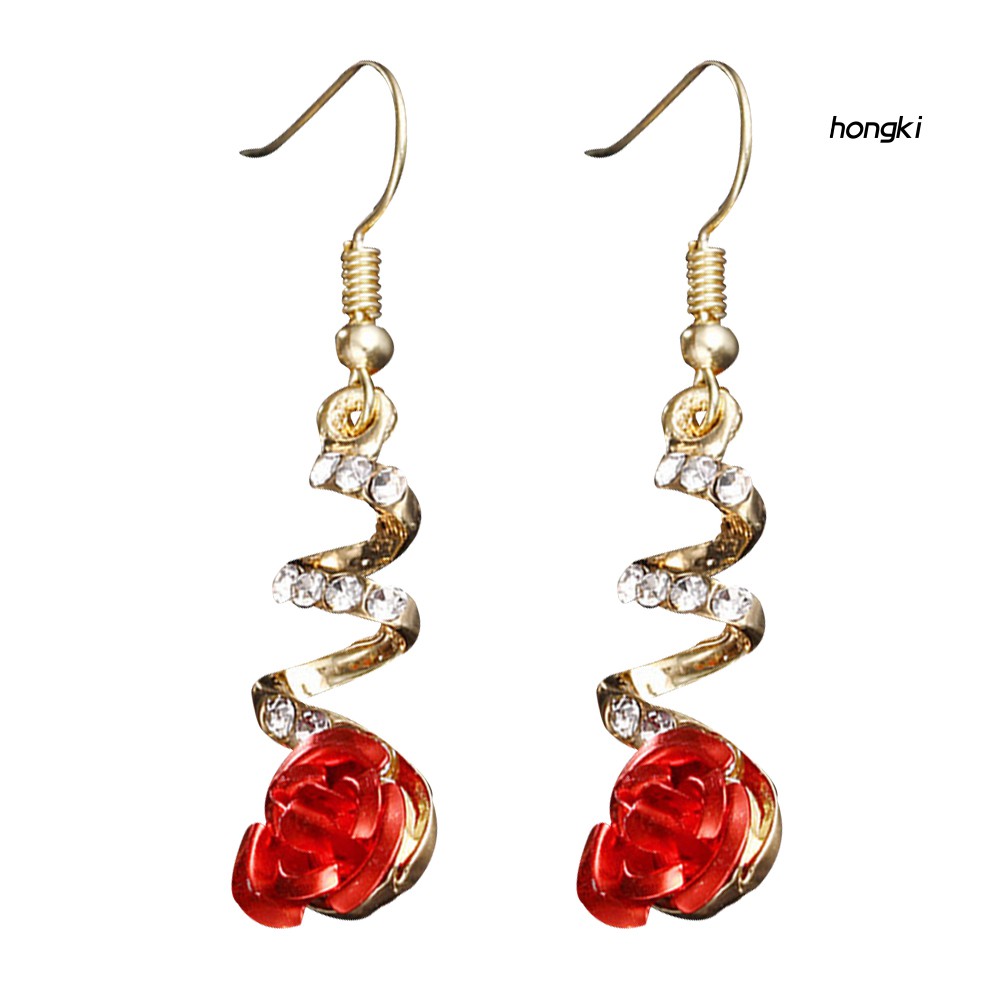 Đôi hoa tai dáng dài hình hoa hồng đính đá thời trang dành cho nữ