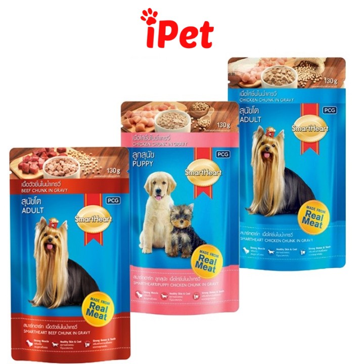 Thức Ăn Pate Smartheart Vị Gà Nấu Sốt Cho Chó Con, Chó Lớn Gói 130g - iPet Shop