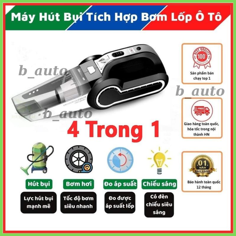 Máy hút bụi cầm tay mini kèm bơm lốp ô tô đa năng 4 trong 1 - hút bụi, bơm hơi, đo áp suất lốp siêu tiện lợi
