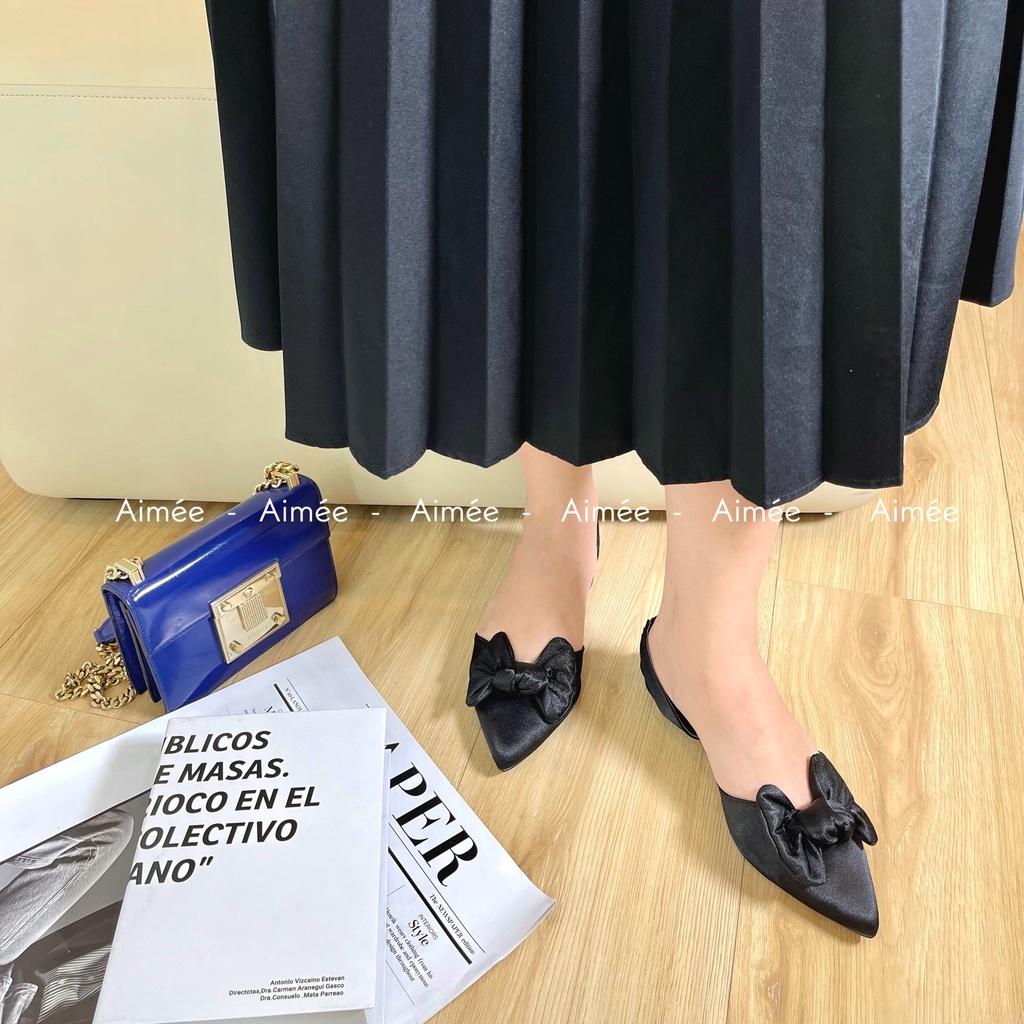 Sandal Bít Mũi Nơ Lụa Đế Thấp Quai Chun Giúp Giữ Chắc Khi Bước Đi Không Bị Nhấc Gót