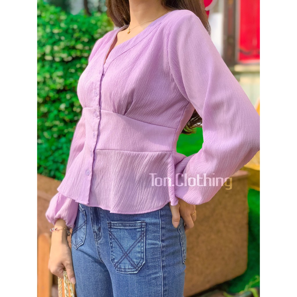 Áo kiểu nữ Ton.Clothing chất liệu vải đẹp lạ thiết kế form peplum tay dài dễ thương trẻ trung màu tím pastel AOK004