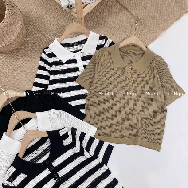 Áo len cổ polo lưới trơn basic dễ mặc dáng cộc tay cổ bẻ A019