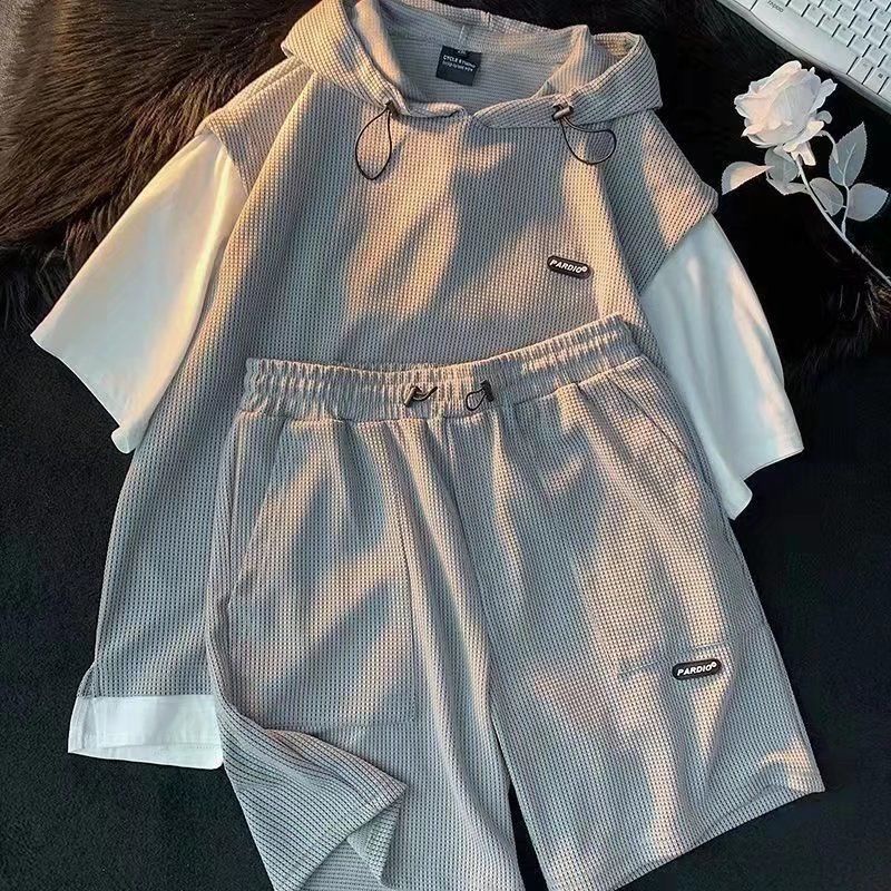 Set Áo Hoodie Giả Hai Lớp Phối Quần Short Thời Trang Hong Kong Cá Tính Cho Nam