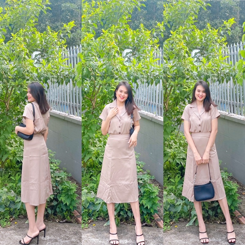 Set bộ áo cổ sơ mi ngắn tay phối nút to và chân váy chữ A dài qua gối màu nâu nhạt