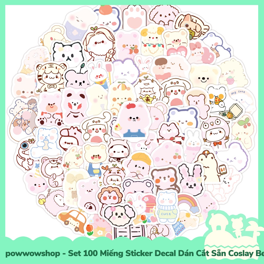 [Sẵn VN - Hỏa Tốc] Set 100 Miếng Sticker Decal Cắt Sẵn DIY Dán Trang Trí Vật Dụng Mẫu Cosplay Cute Bear Babie