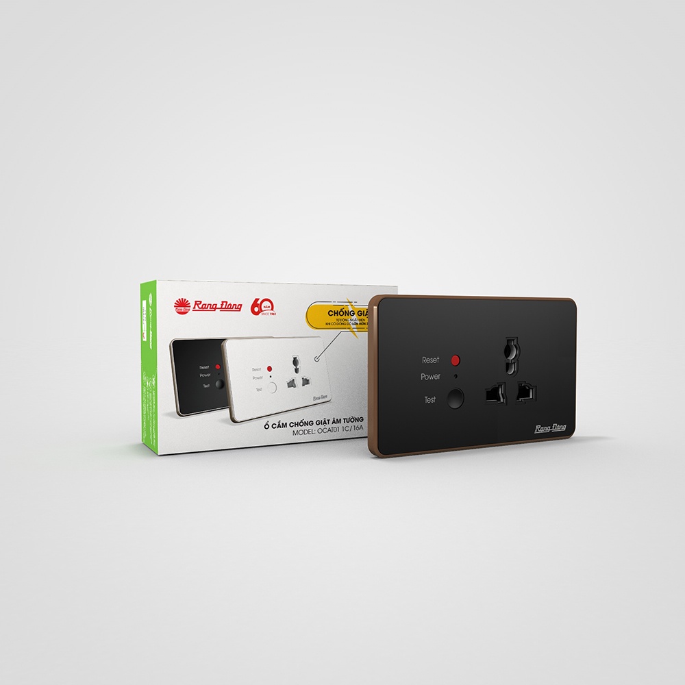 Ổ cắm âm tường chống giật Rạng Đông OCAT01 1C/16A phù hợp với hầu hết các loại phích cắm, có chân nối đất, đa năng