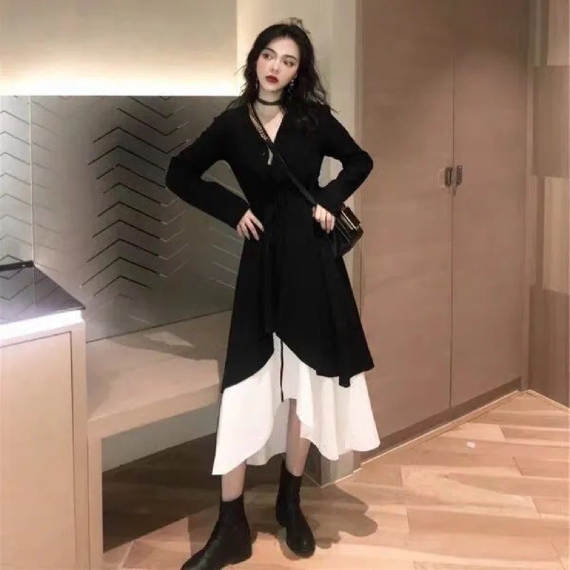 Set váy ullzang 2 chi tiết đen trắng dáng dài cá tính