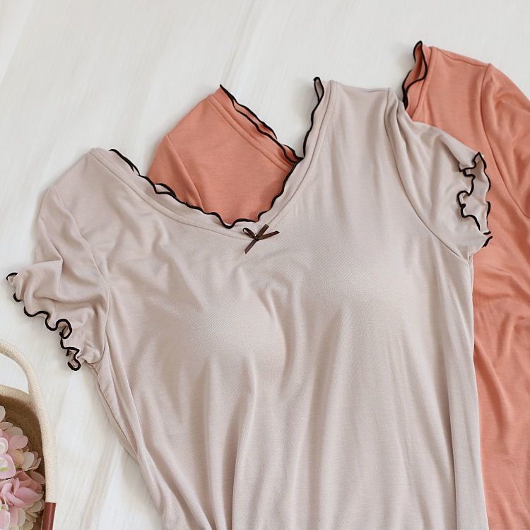 Đầm Ngủ Tay Ngắn Màu Trơn Có Mút Đệm Ngực Dễ Thương Dành Cho Nữ