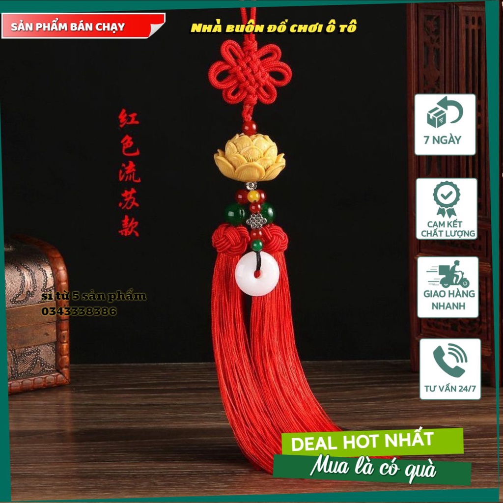 Khánh treo xe may mắn - Khánh liên hoa đài sen vàng dây tua rua đầy bình an