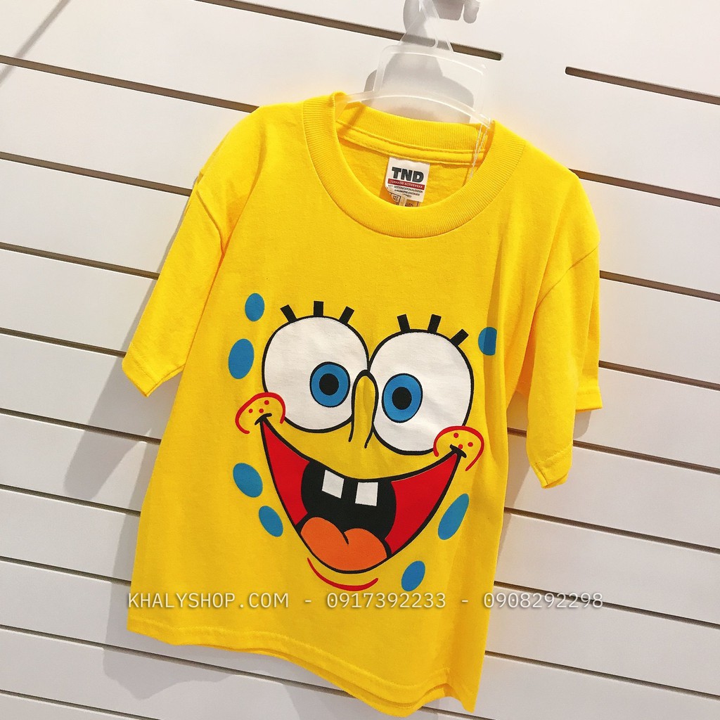 Áo thun tay ngắn trẻ em hình bọt biển Spongebob màu vàng size L,XL cho bé trai, bé gái - ATTNSPOV