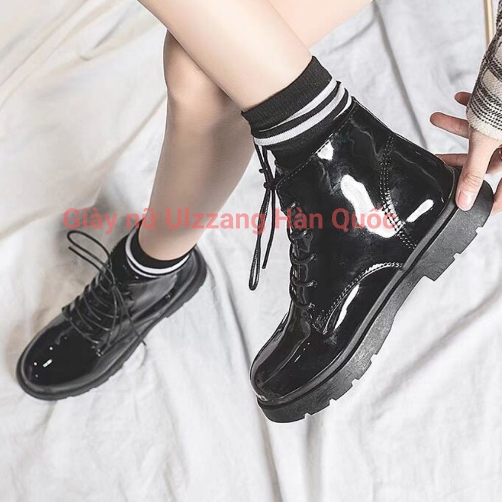 Giày bốt cổ cao Martin Gót Vuông đen nhám, đen bóng boots phong ulzzang  Cách Hàn Quốc Cho Nữ