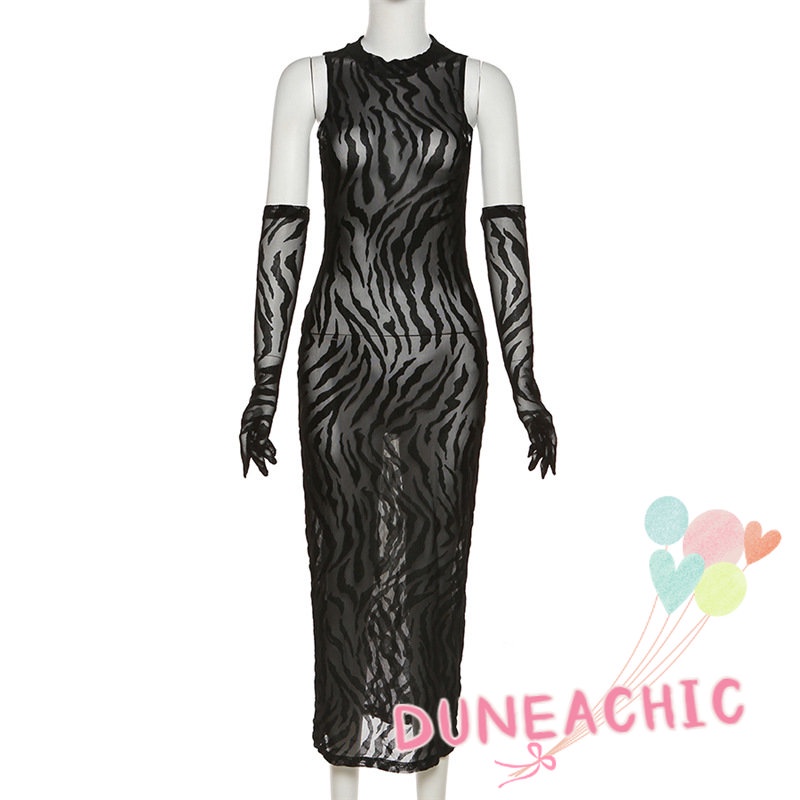 DUNEA Đầm không tay dáng ôm hoạ tiết in thiết kế ôm sát hợp thời trang