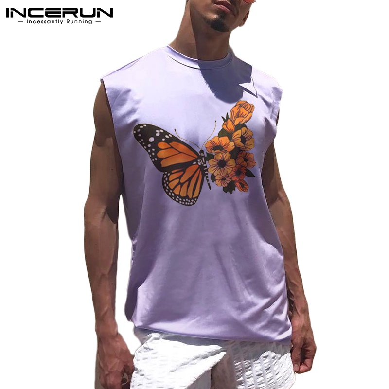 INCERUN Áo Ba Lỗ Nam In Hình Bướm