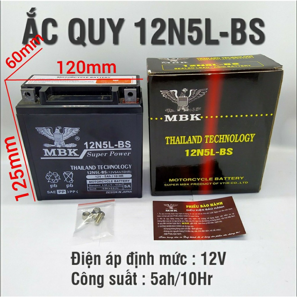 Bình ắc quy khô xe máy THAILAND mã 12N5L-BS,kích thước 120x60x125mm, bảo hành 12 tháng