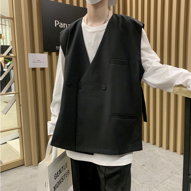 Áo Khoác Vest Không Tay Dáng Rộng Màu Trơn Nhiều Túi Phong Cách Hàn Quốc Cho Nam