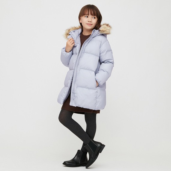 (UNIQLO Nhật chính hãng) GIRL- Áo khoác phao dáng dài có mũ lông tháo rời của UNIQLO trẻ em- GIRL WARM PADDED COAT